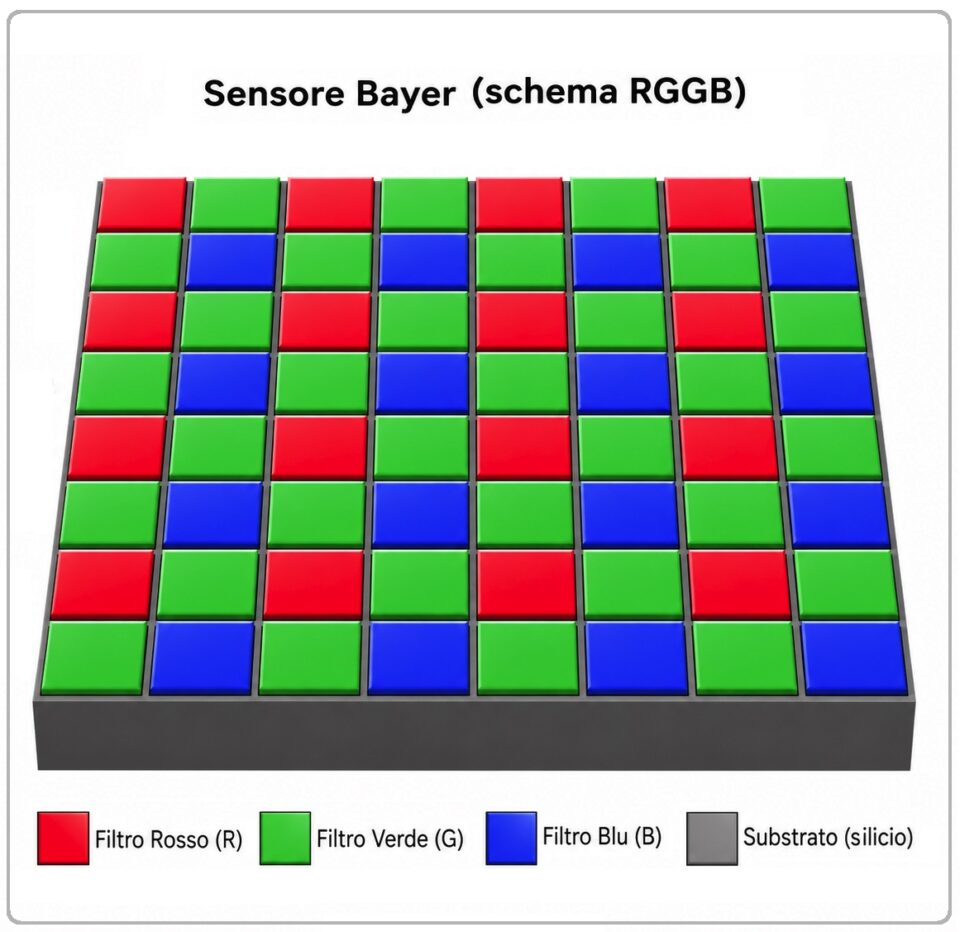 Disposizione RGGB dei filtri colorati, in un tipico sensore Bayer.